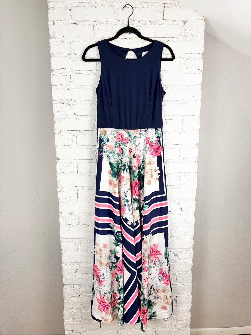 Eliza J High Neck Floral Scarf Print Maxi Dress Navy Blue 8